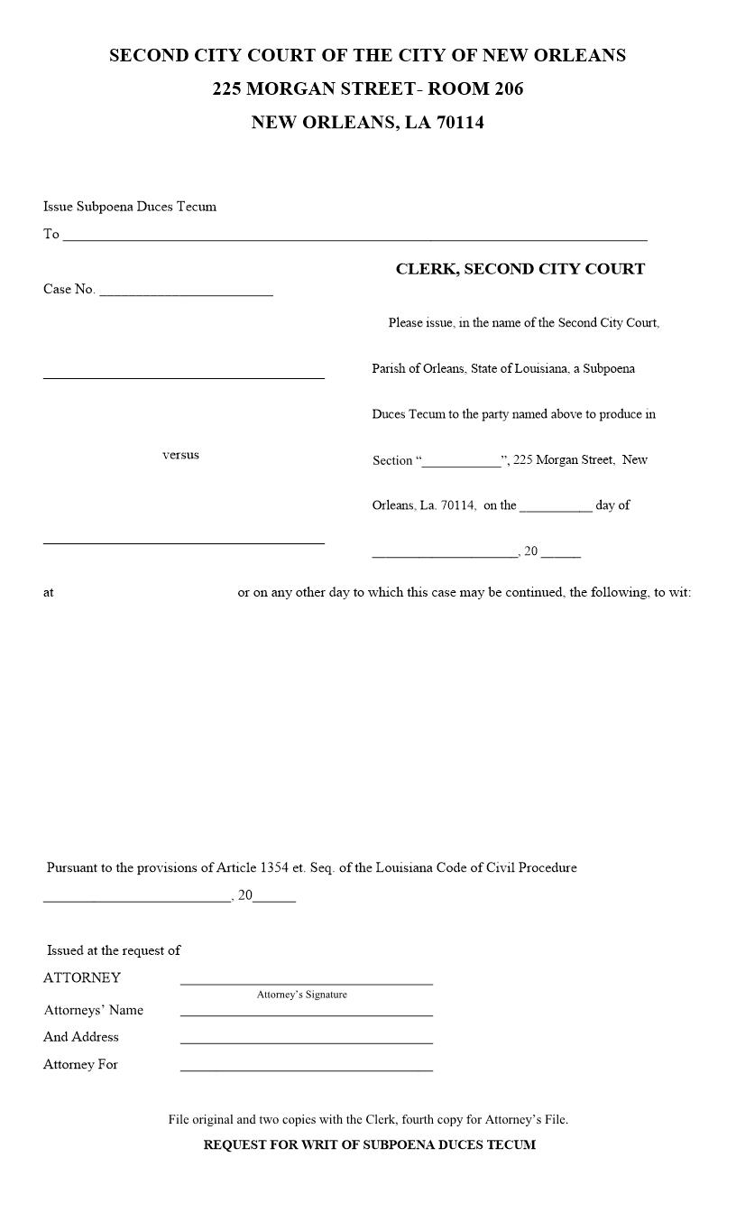 Reqruest For Writ Of Subpoena Duces Tecum | Pdf Fpdf Docx | Louisiana