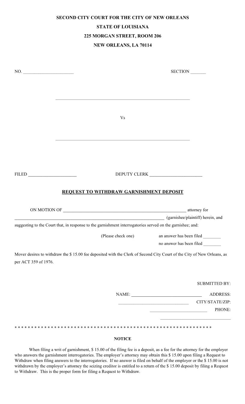 Request To Withdraw Garnishment Deposit And Order | Pdf Fpdf Docx | Louisiana