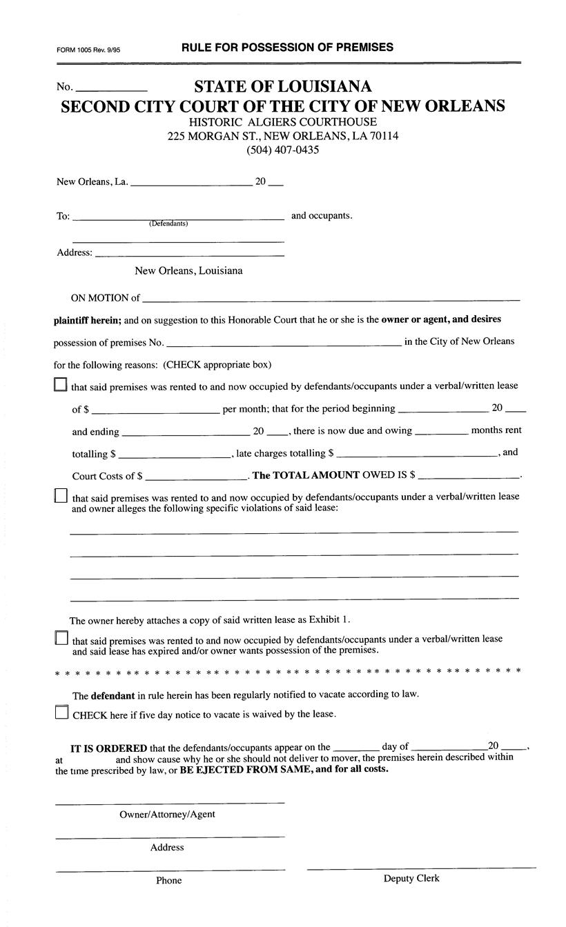 Rule For Possession Of Premises {1005} | Pdf Fpdf Docx | Louisiana