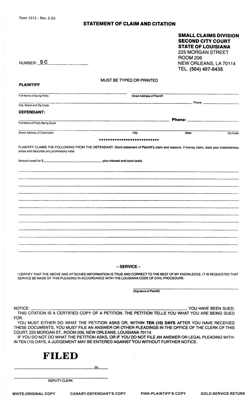 Statement Of Claim And Citation (Small Claims) {1513} | Pdf Fpdf Docx | Louisiana
