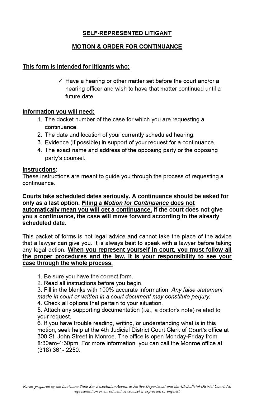 Motion And Order For Continuance | Pdf Fpdf Docx | Louisiana