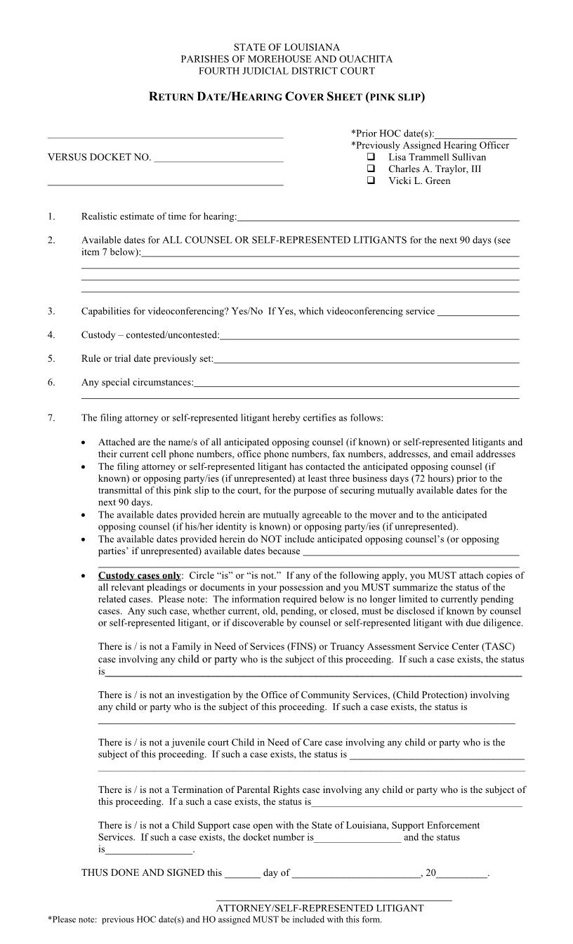 Return Date-Hearing Cover Sheet (Pink Slip) | Pdf Fpdf Docx | Louisiana