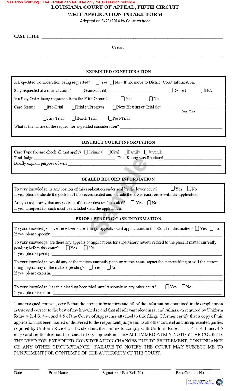 Writ Application Intake Form | Pdf Fpdf Doc Docx | Louisiana