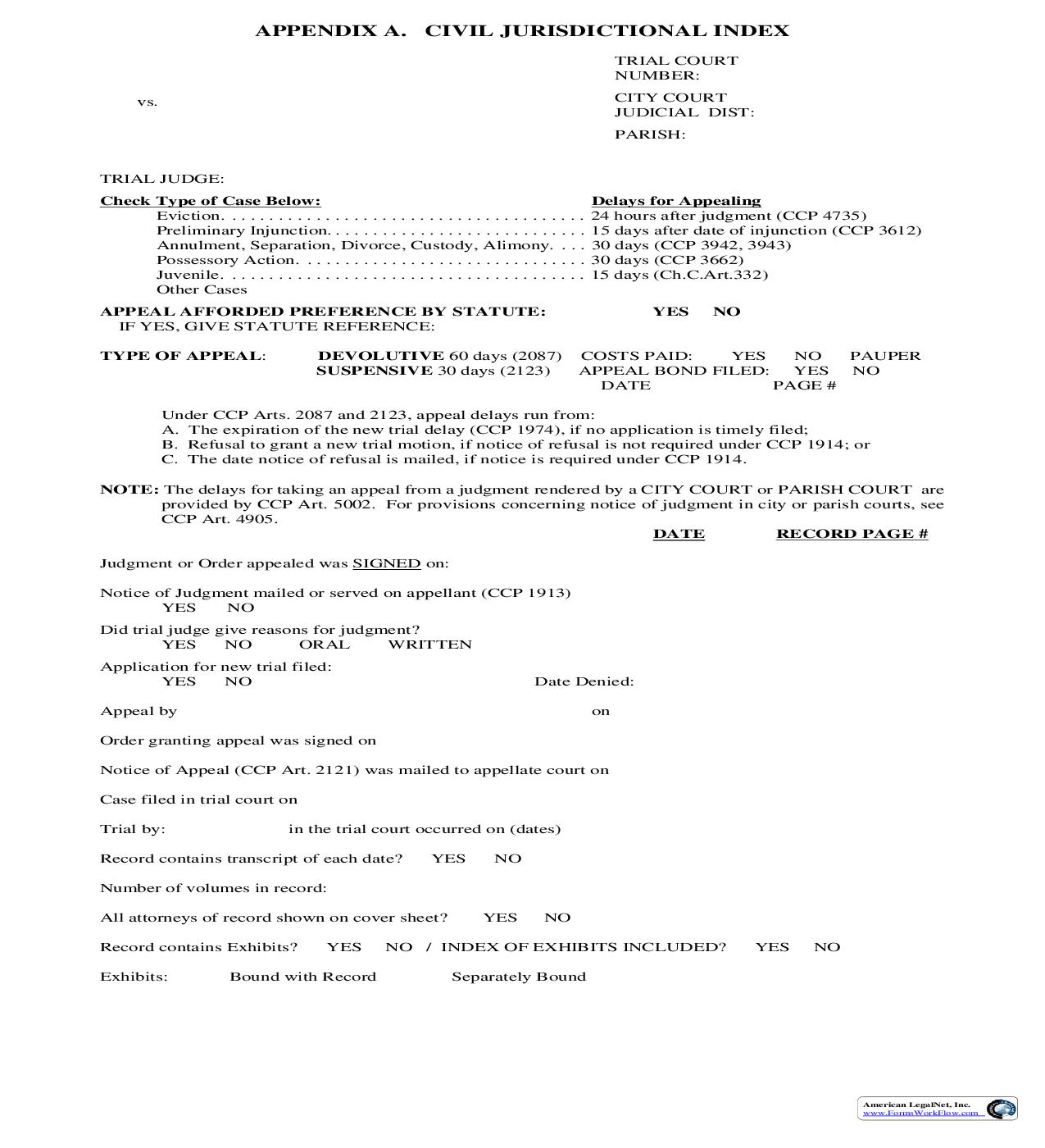 Civil Jurisdictional Index (Appendix A) | Pdf Fpdf Doc Docx | Louisiana