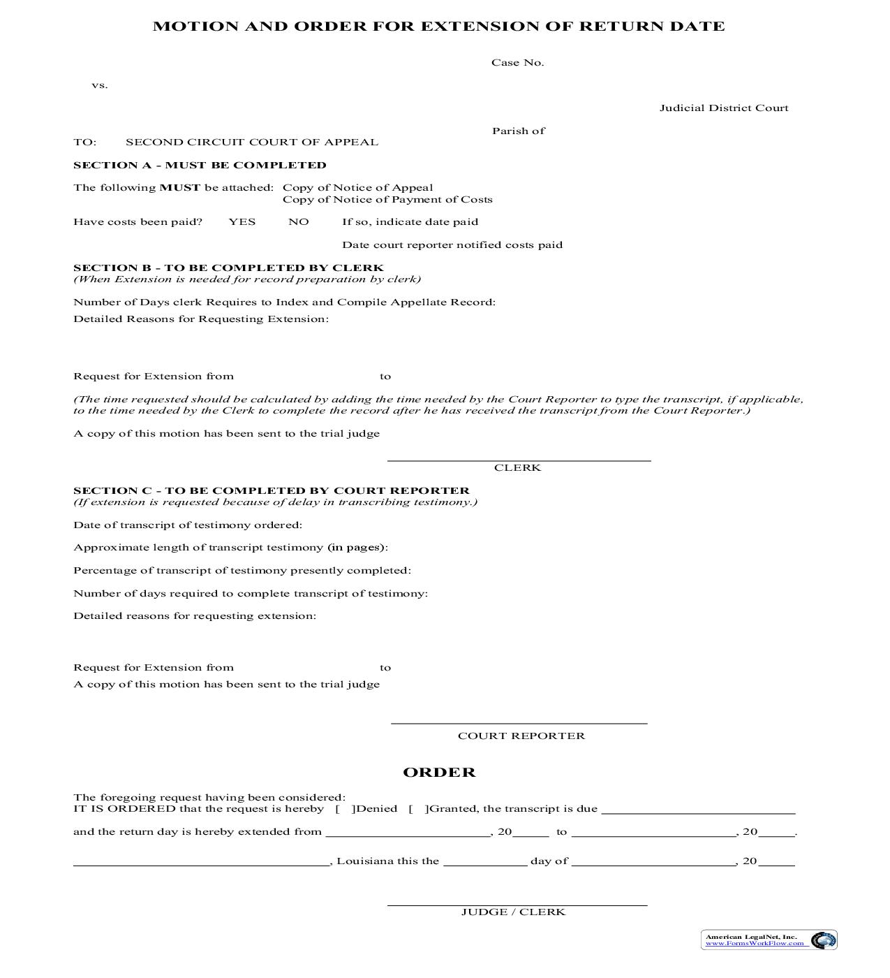 Motion And Order For Extension Of Return Date | Pdf Fpdf Doc Docx | Louisiana