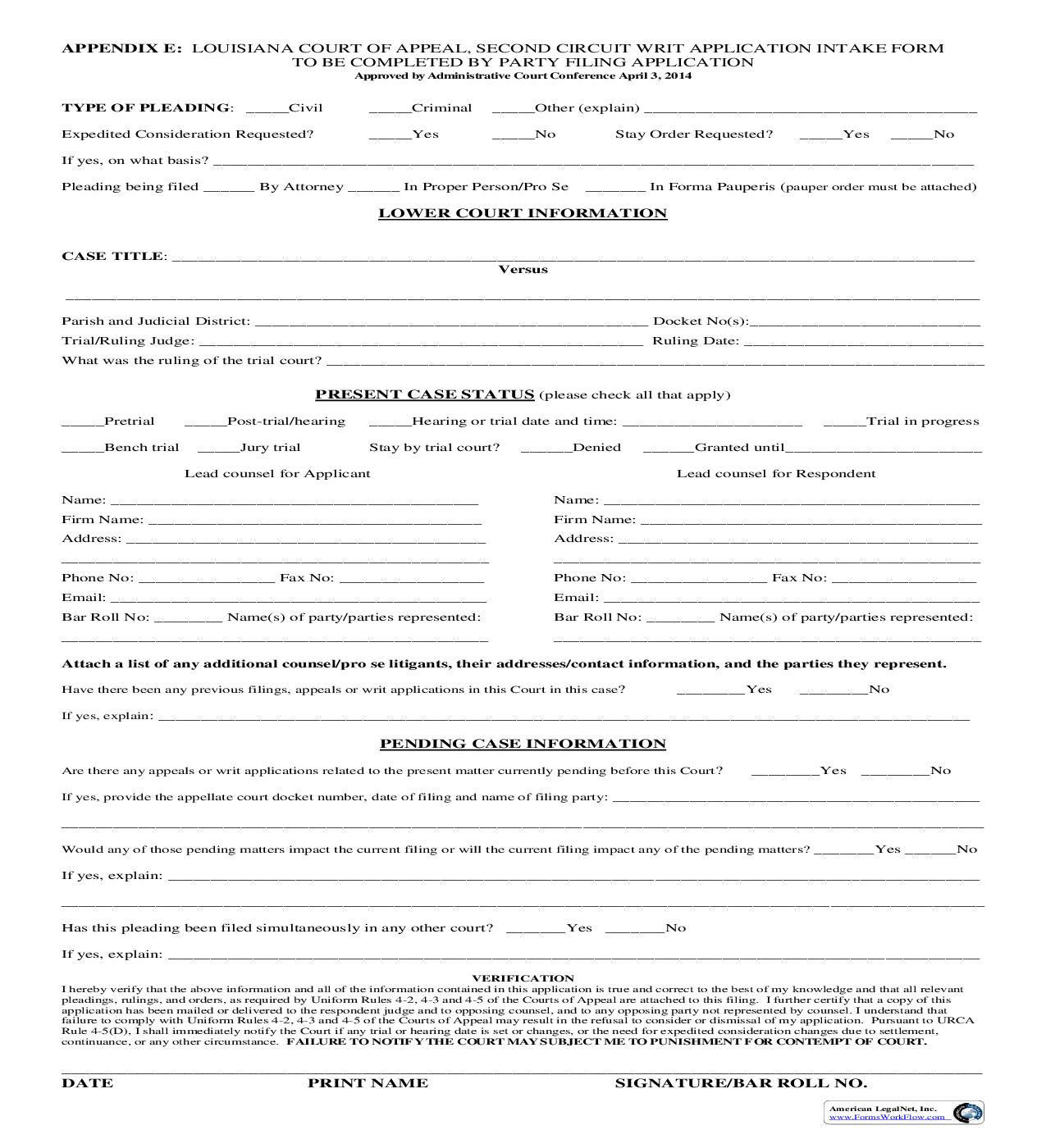 Writ Application Intake Form | Pdf Fpdf Doc Docx | Louisiana