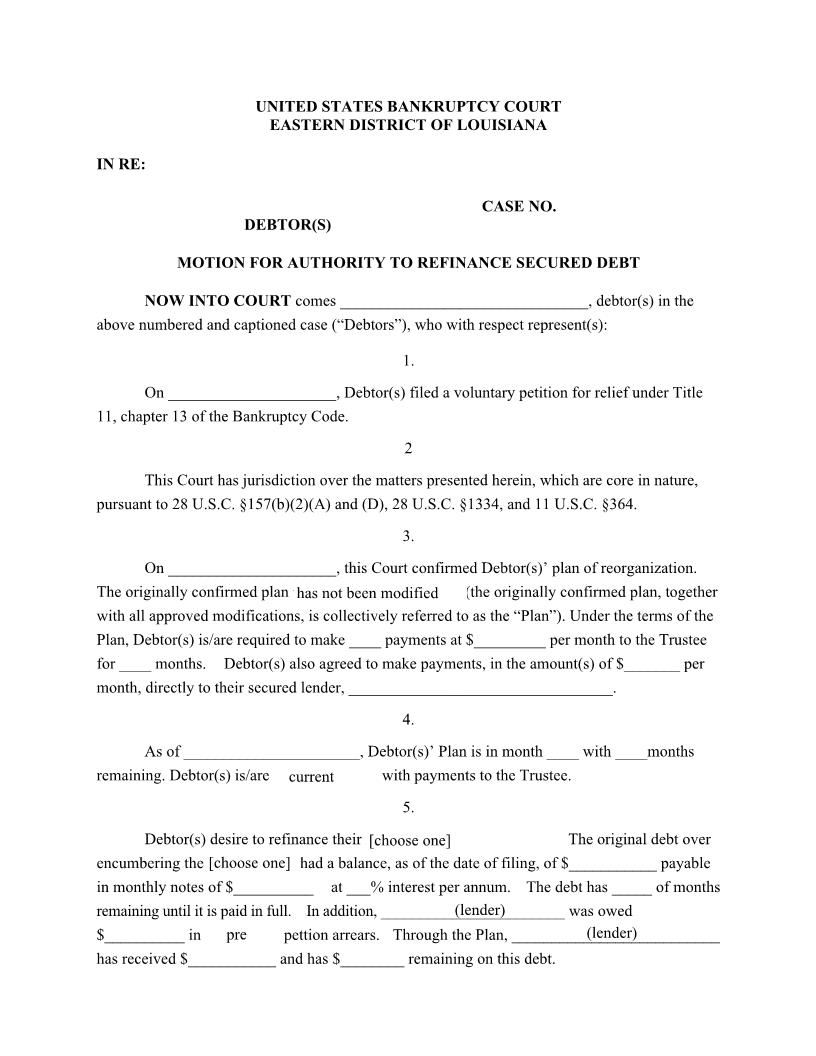 Motion For Authority To Refinance Secured Debt {LAEB MARSD} | Pdf Fpdf Docx | Louisiana