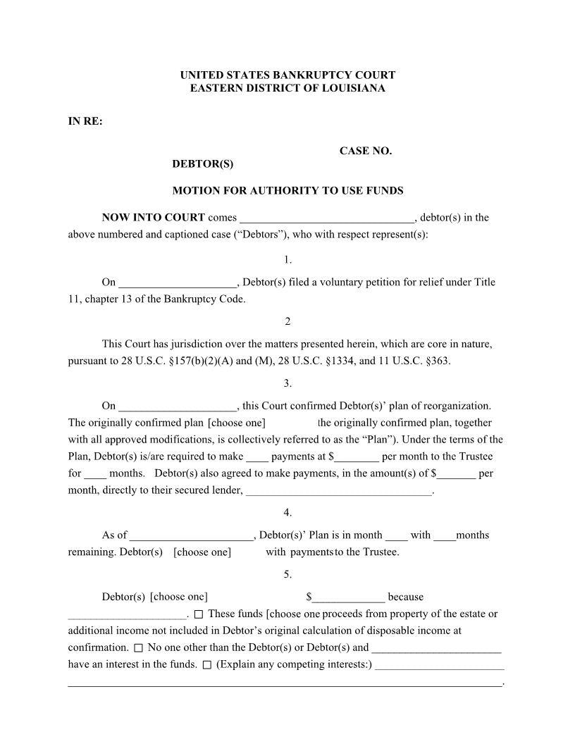 Motion For Authority To Use Funds {LAEB MAUF} | Pdf Fpdf Docx | Louisiana