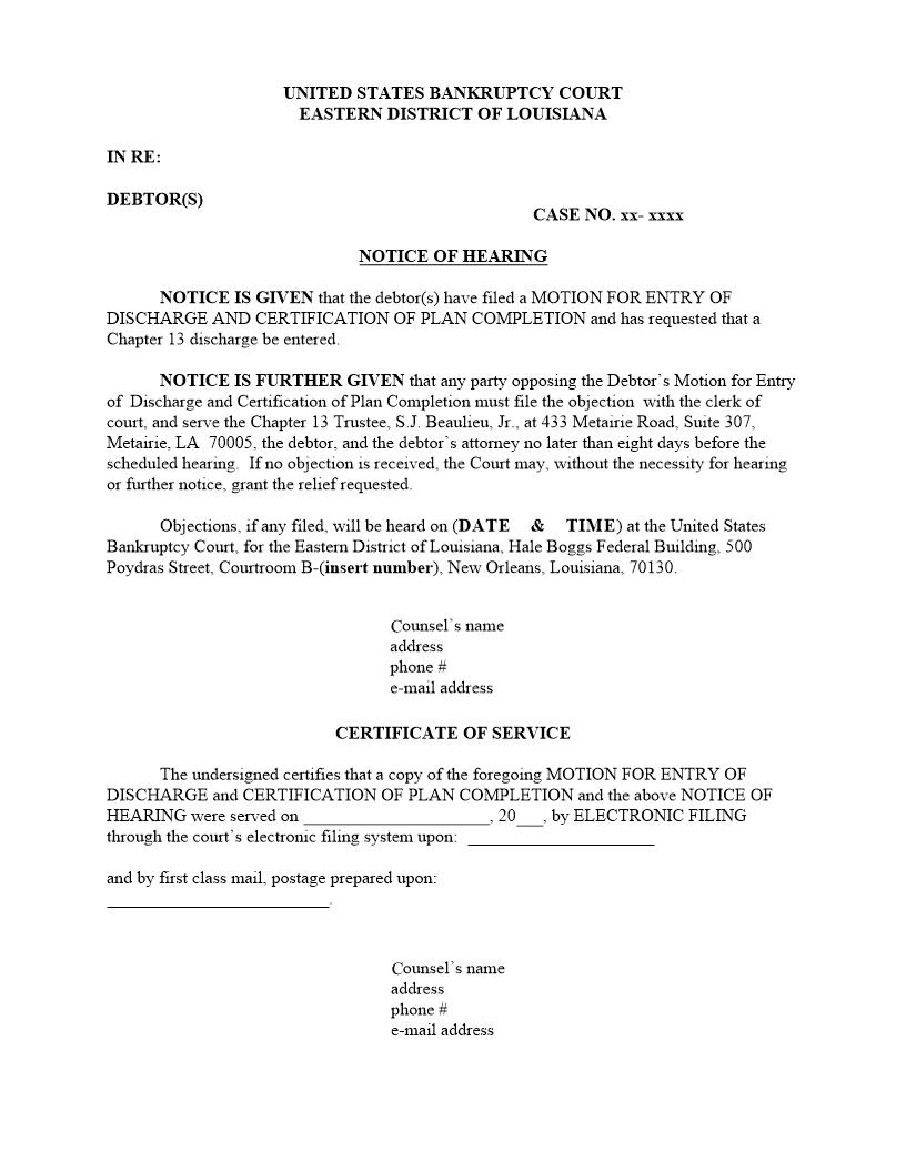 Notice Of Hearing (Motion For Entry Of Discharge Plan Completion {LAWB NHMEDPC} | Pdf Fpdf Docx | Louisiana