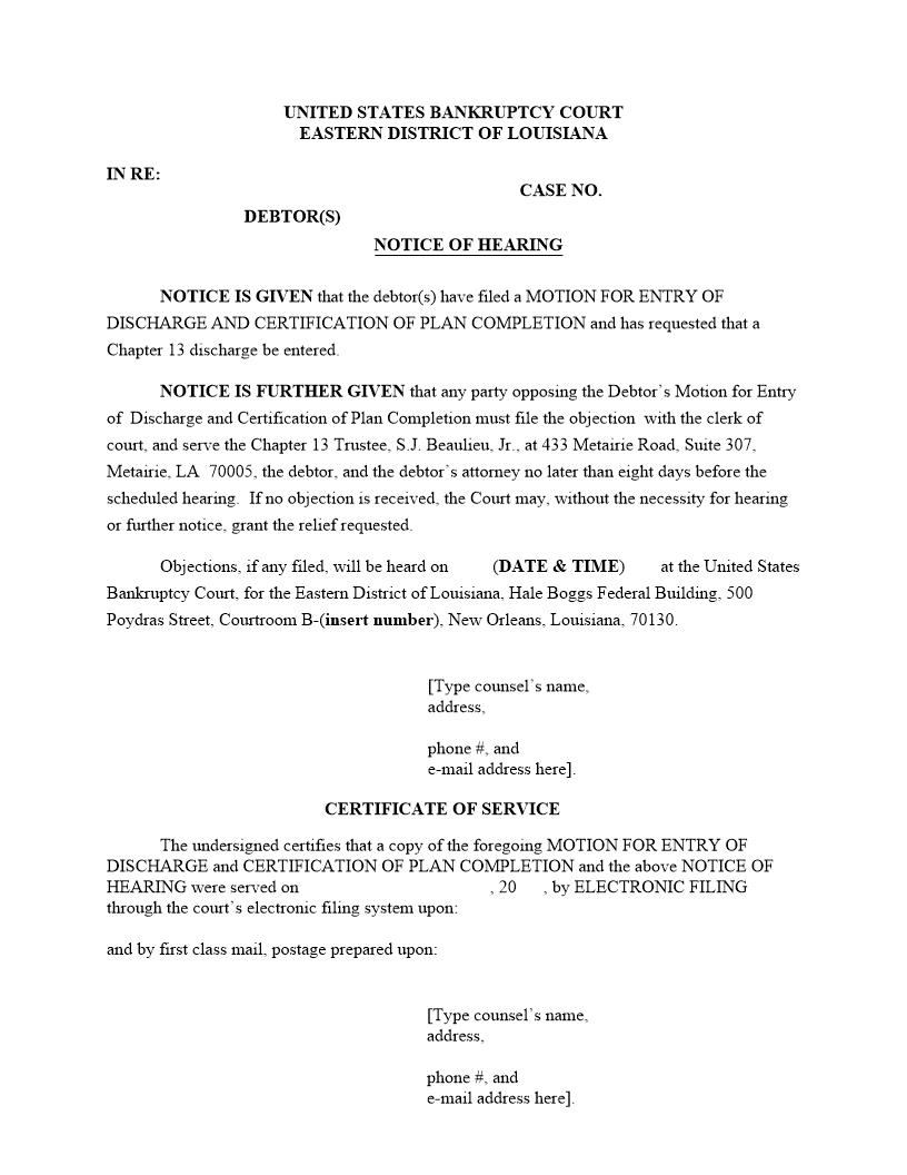 Notice Of Hearing Deadline For Objection Motion For Entry Of Discharge | Pdf Fpdf Docx | Louisiana