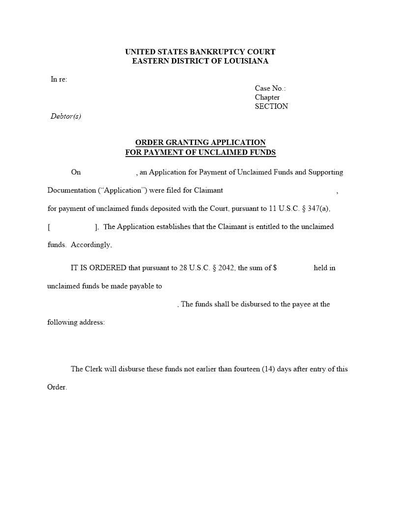 Order Granting Application For Payment Of Unclaimed Funds | Pdf Fpdf Docx | Louisiana