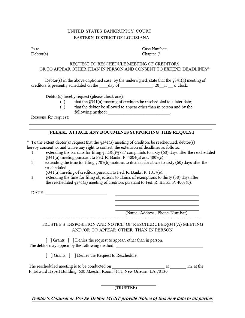 Request To Reschedule Meeting Of Creditors Or Appear Not In Person {LAMB RRMC} | Pdf Fpdf Docx | Louisiana