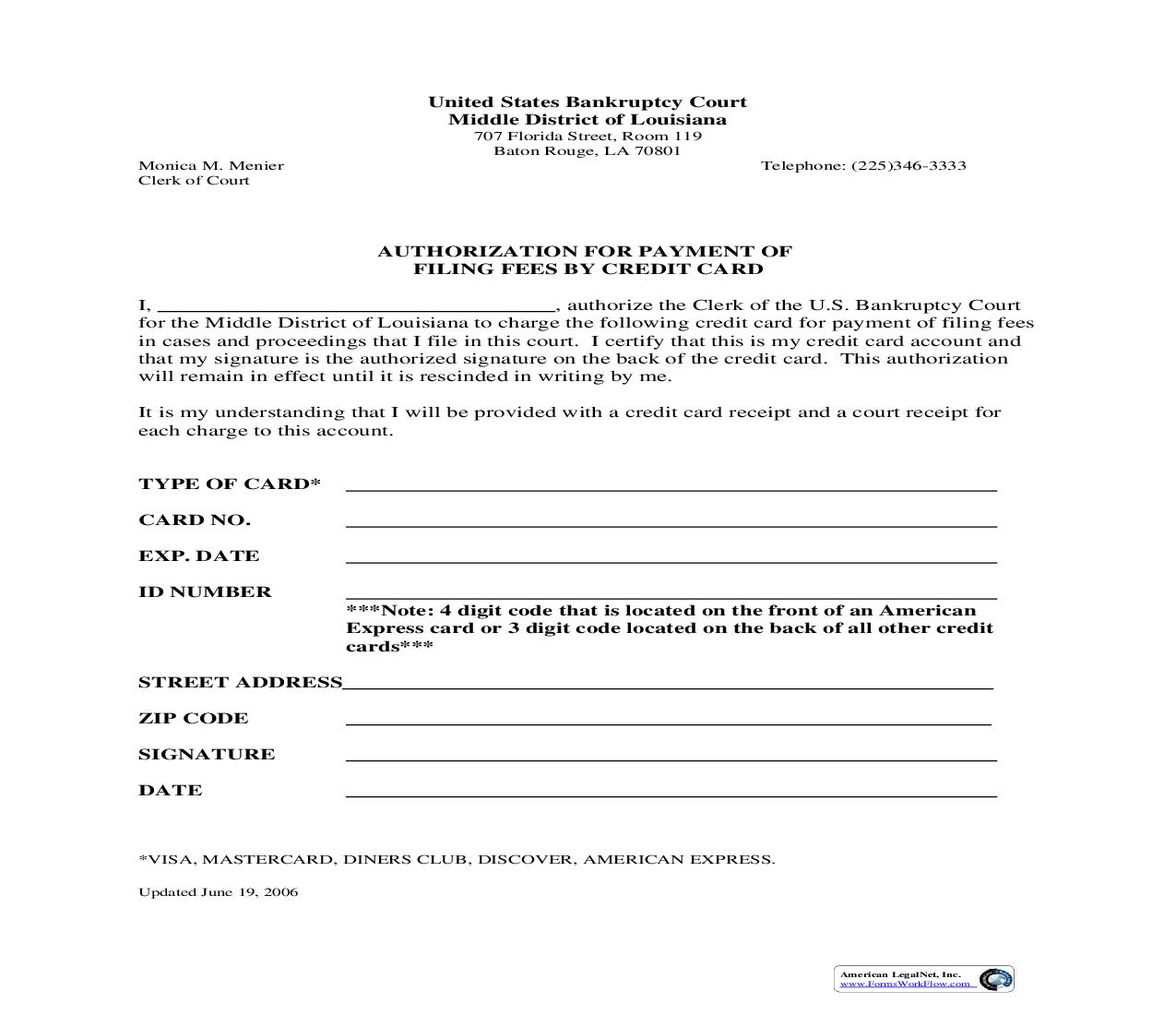 Authorization For Payment Of Filing Fees By Credit Card |  | Louisiana