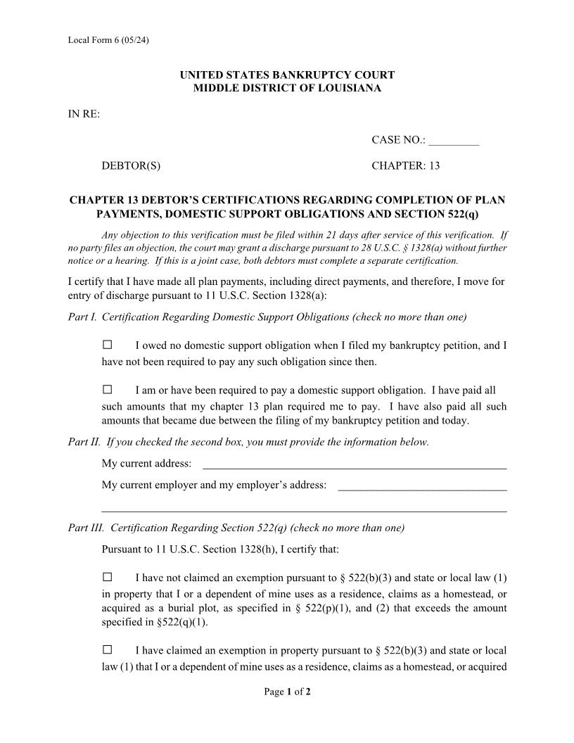Chapter 13 Debtors Certifications Re Domestic Support Obligations Sec 522(Q) And Request For Entry Of Discharge {6} | Pdf Fpdf Doc Docx | Louisiana