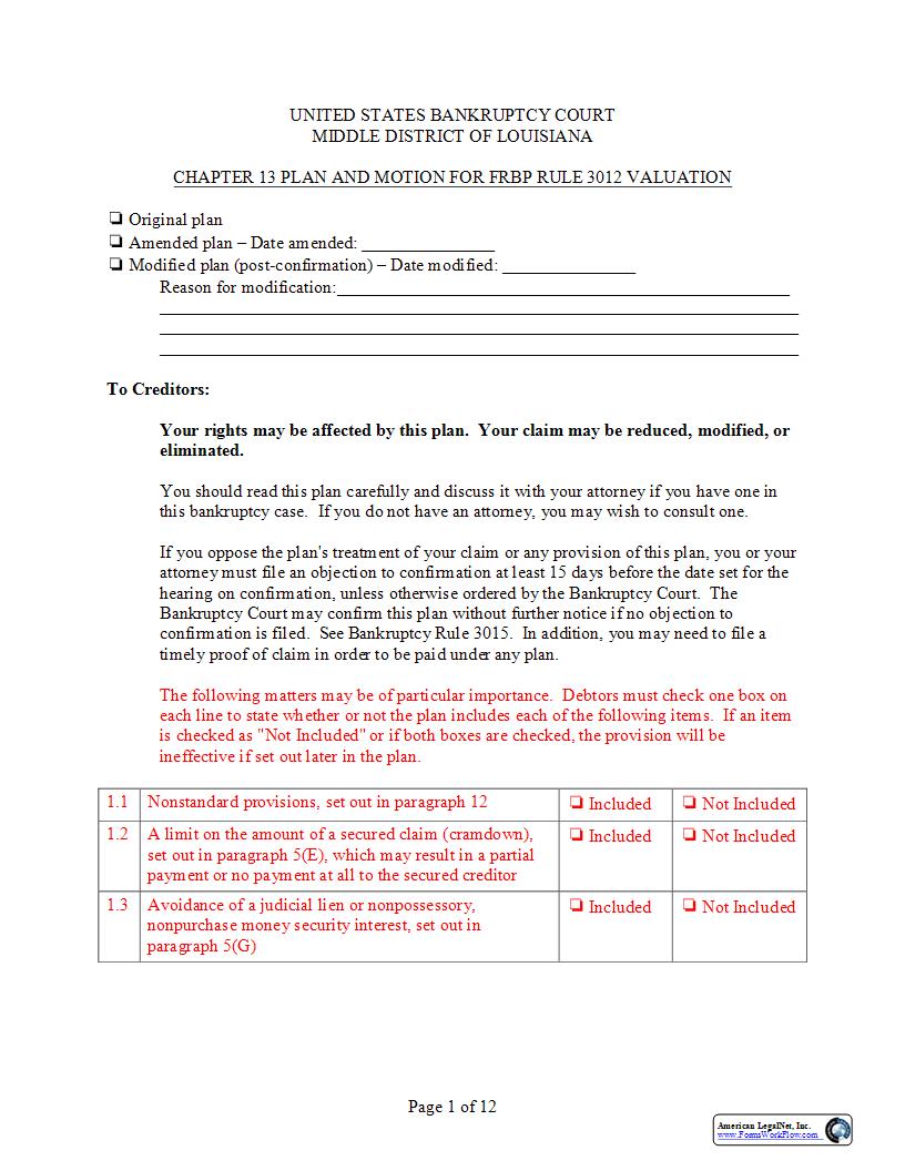 Chapter 13 Plan And Motion For FRBP Rule 3012 Valuation | Pdf Fpdf Docx | Louisiana