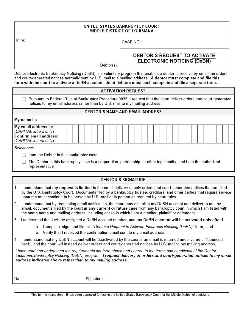 Debtors Request To Activate Electronic Noticing (DeBN) {LAMB DRAEN} | Pdf Fpdf Docx | Louisiana