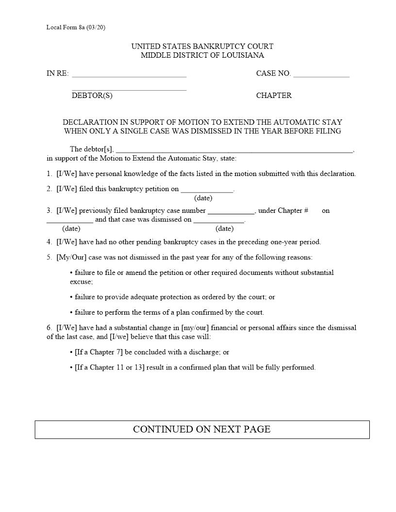 Declaration In Support Motion Extend Automatic Stay When Single Case Dismissed {8a} | Pdf Fpdf Docx | Louisiana