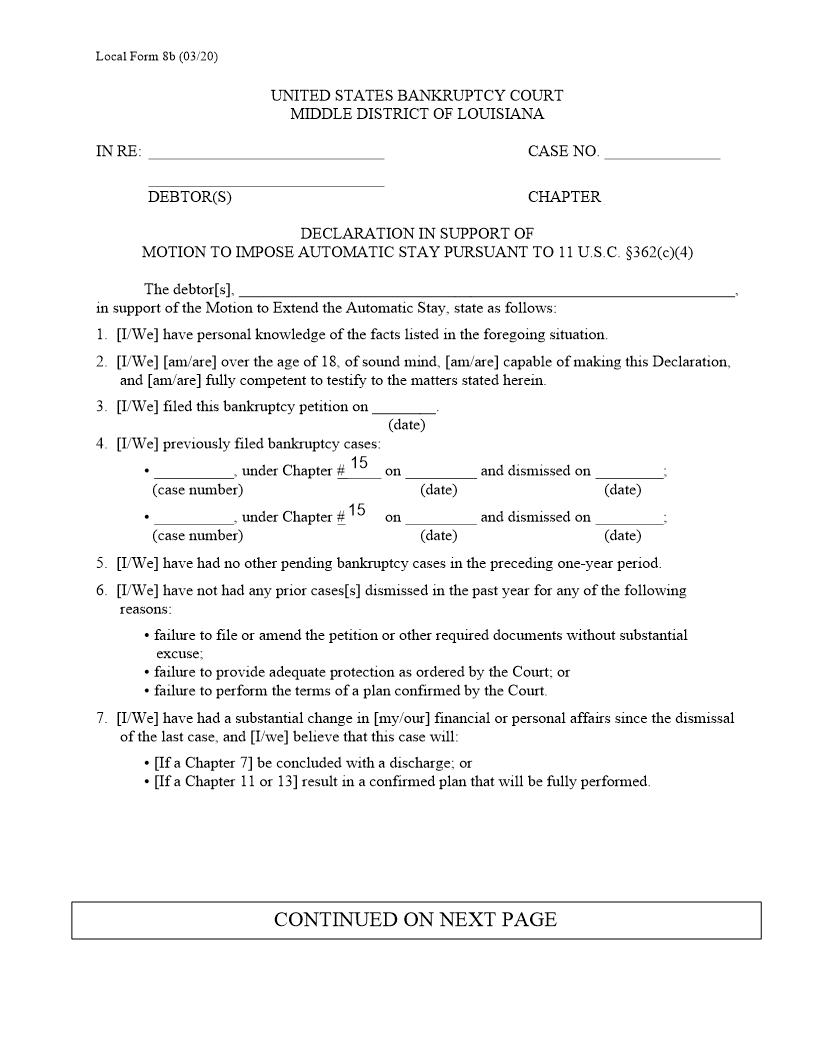 Declaration In Support Of Motion To Impose Automatic Stay {8b} | Pdf Fpdf Docx | Louisiana