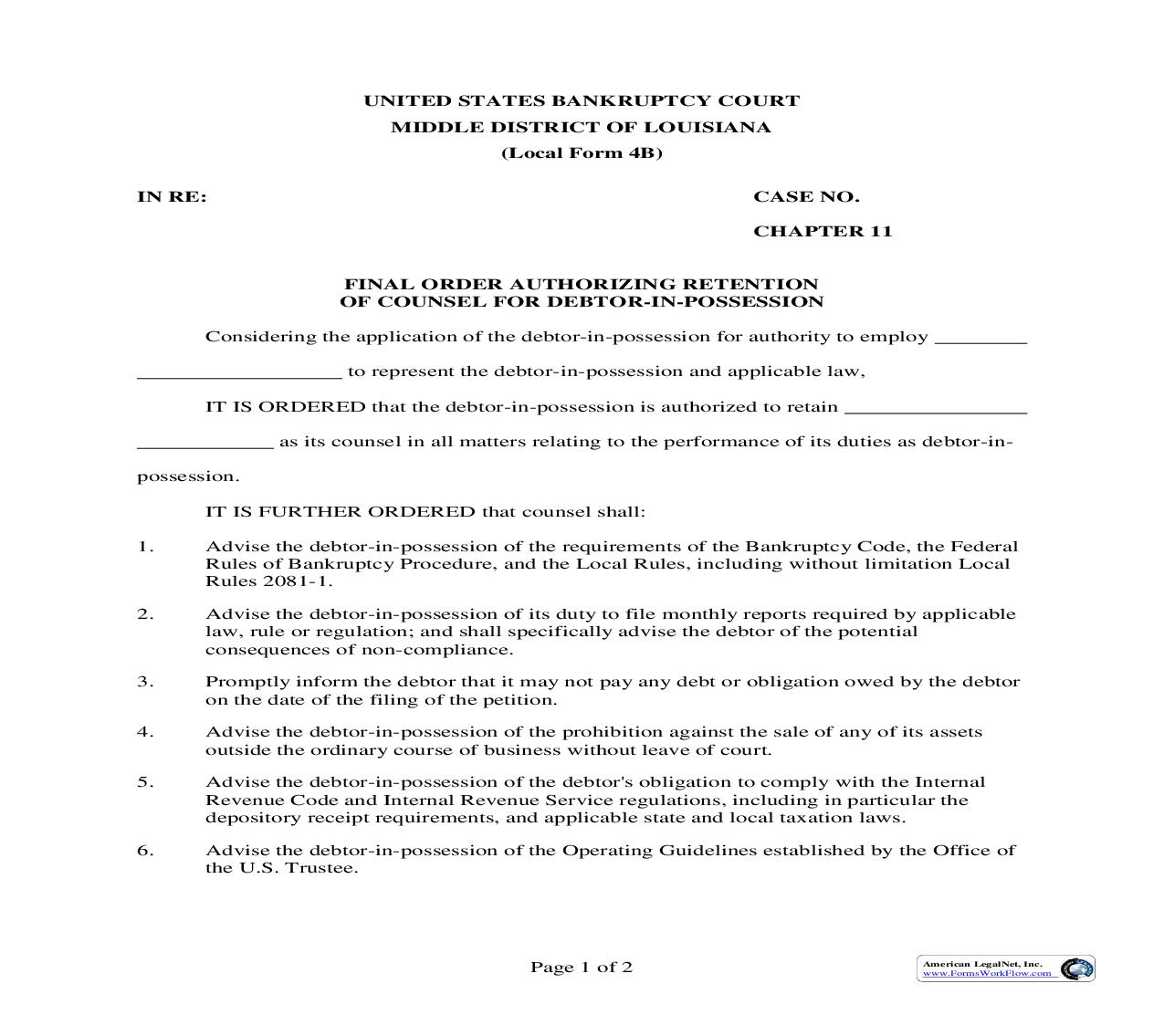 Final Order Authorizing Retention Of Counsel For Debtor-In-Possession {4B} | Pdf Fpdf Doc Docx | Louisiana