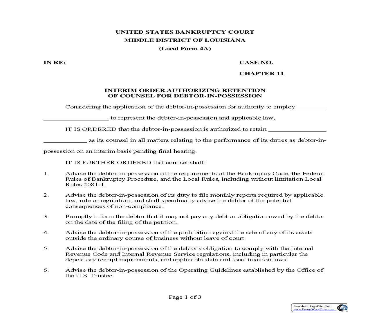Interim Order Authorizing Of Counsel For Debtor-In-Possession {4A} | Pdf Fpdf Doc Docx | Louisiana