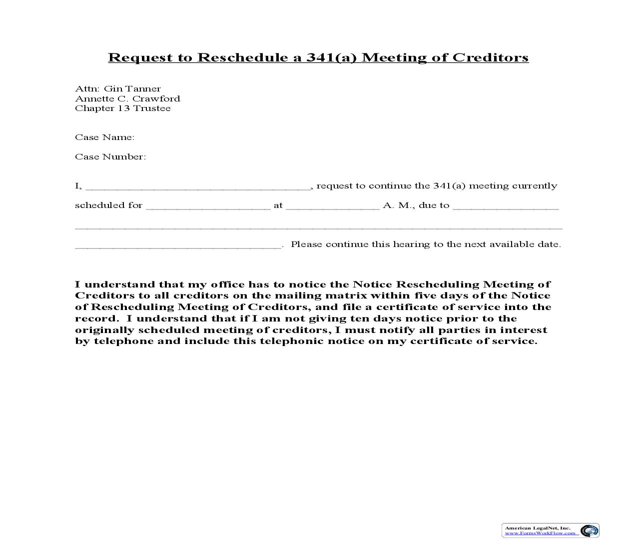 Request To Reschedule 341(a) Meeting Of Creditors. (Chapter 13) | Pdf Fpdf Doc Docx | Louisiana
