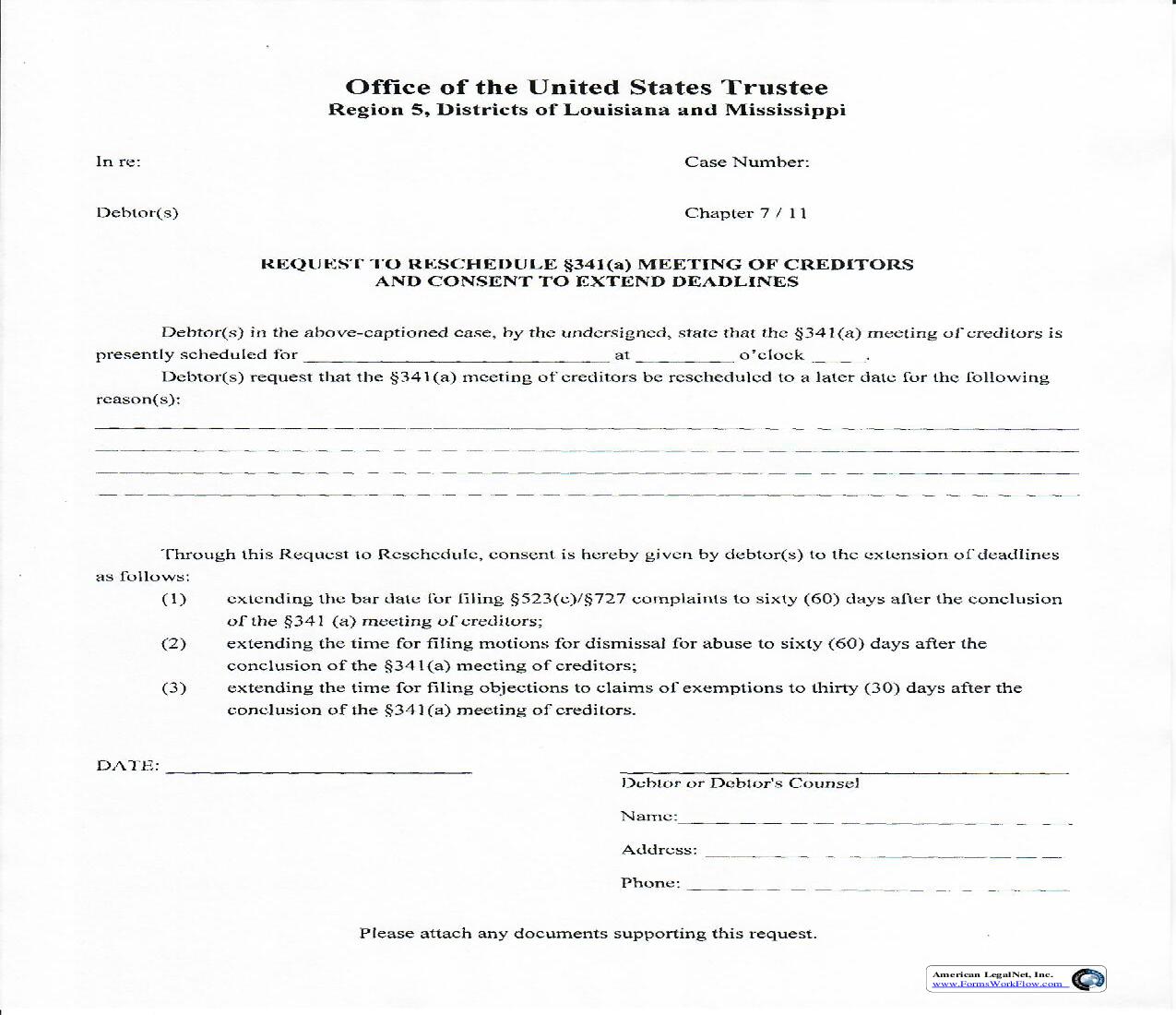 Request To Reschedule S. 341(a) Meeting Of Creditors (Chapters 7 And 11) | Pdf Fpdf Doc Docx | Louisiana