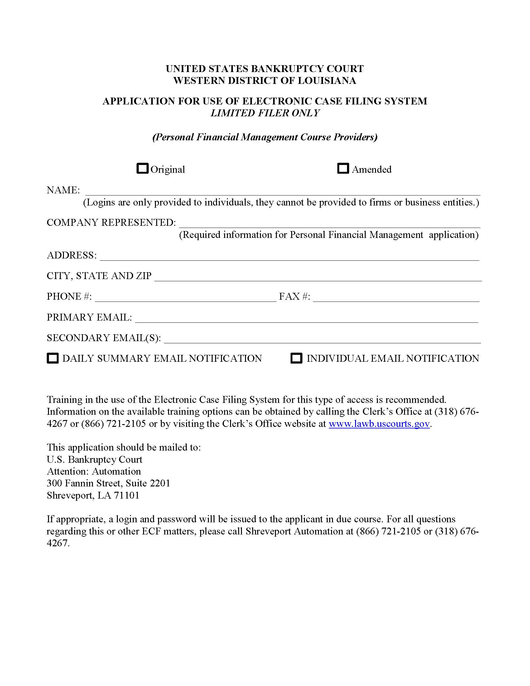 Application For Use Of Electronic Case Filing System Limited Filer Only | Pdf Fpdf Doc Docx | Louisiana
