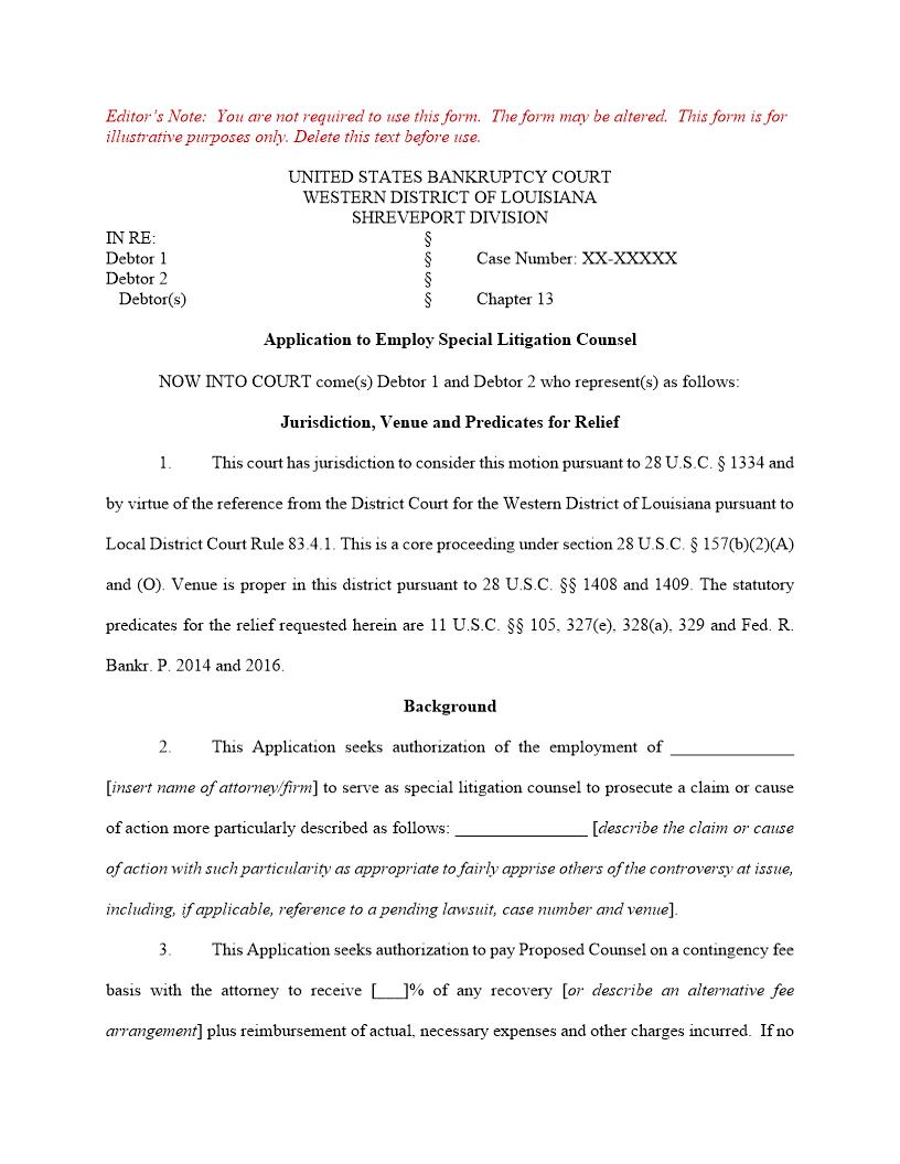 Application To Employ Special Litigation Counsel Declaration In Support (Shreveport) | Pdf Fpdf Docx | Louisiana