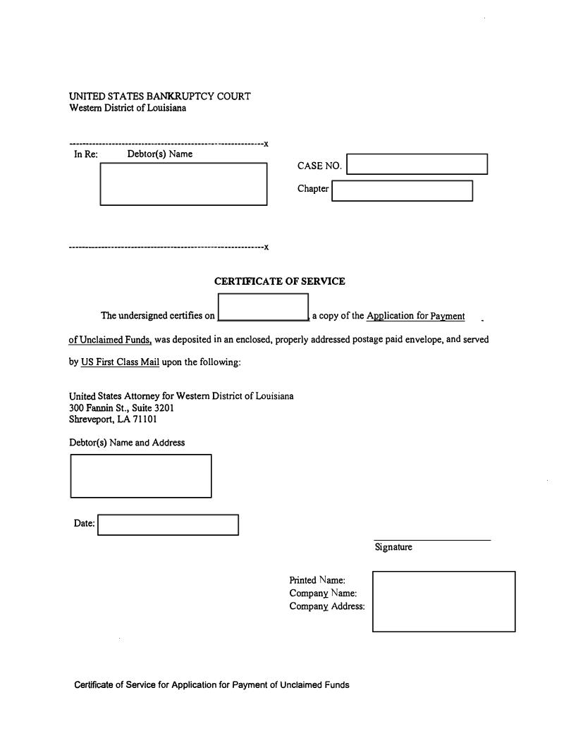 Certificate Of Service Application For Payment Of Unclaimed Funds {LAWB CSAPUF} | Pdf Fpdf Docx | Louisiana