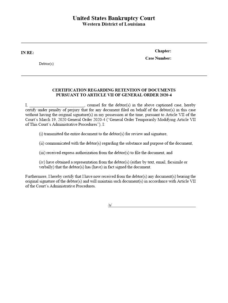 Certification Regarding Retention Of Documents (Signatures) | Pdf Fpdf Docx | Louisiana