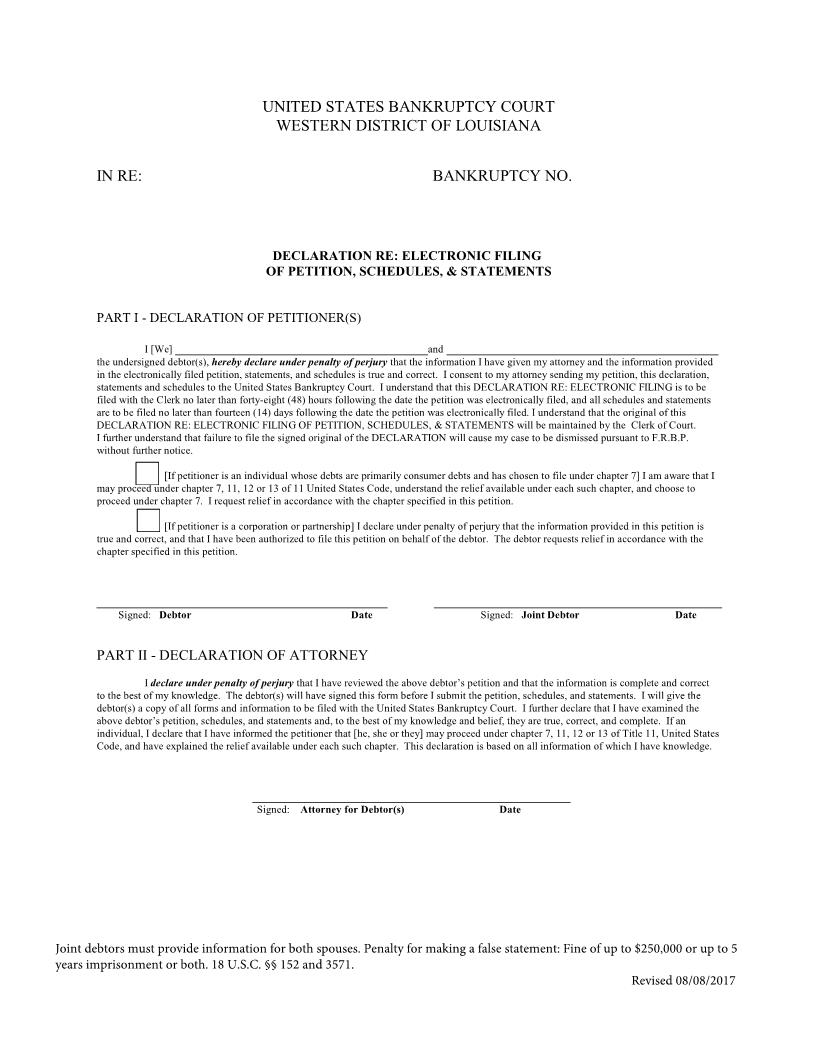 Declaration Regarding Electronic Filing Of Petition Schedules Statements {LAWB DREF} | Pdf Fpdf Doc Docx | Louisiana