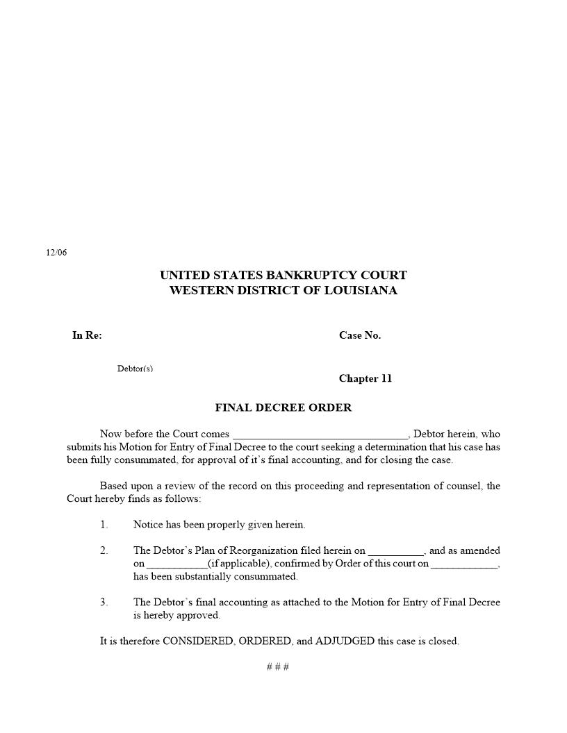 Final Decree Order (Chapter 11) {LAWB Ch11-FDO} | Pdf Fpdf Docx | Louisiana