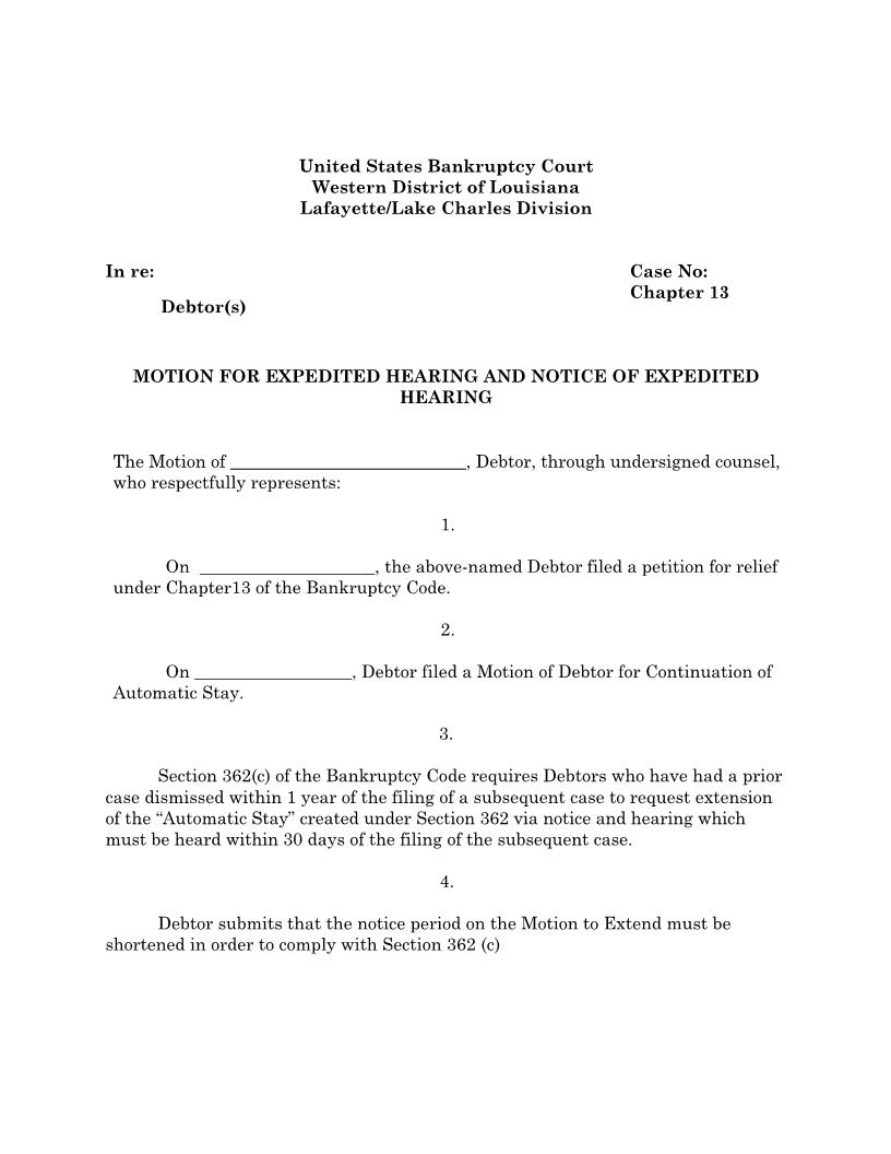 Motion Notice Expedited Hearing (Judge Kolwe} {LAWB MNEH-K} | Pdf Fpdf Docx | Louisiana