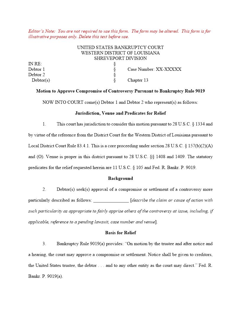 Motion To Approve Compromise Of Controversy (Shreveport) | Pdf Fpdf Docx | Louisiana