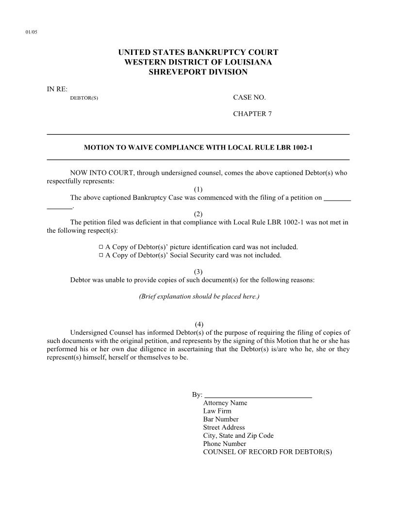 Motion To Waive Compliance With Local Rule LBR 1002-1 {LAWB MWC1002-1} | Pdf Fpdf Docx | Louisiana