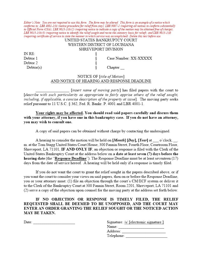 Notice Of Hearing - Automatic Stay (Shreveport) | Pdf Fpdf Docx | Louisiana