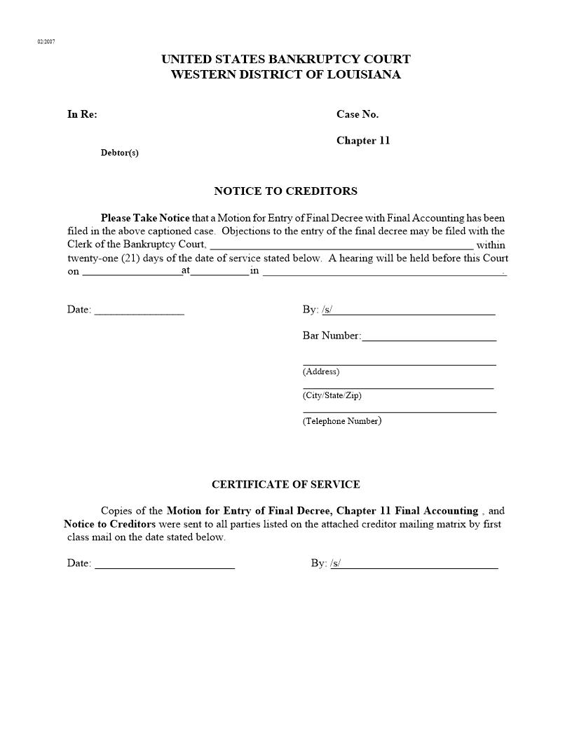 Notice To Creditors (Notice Of Hearing Chapter 11 Final Decree) {LAWB Ch11-FDNoH} | Pdf Fpdf Docx | Louisiana