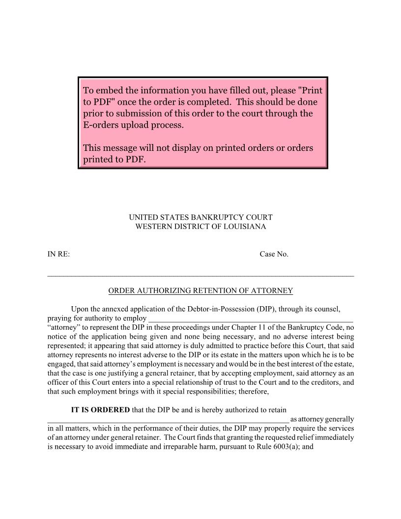 Order Authorizing Retention Of Attorney (Chapter 11) | Pdf Fpdf Docx | Louisiana