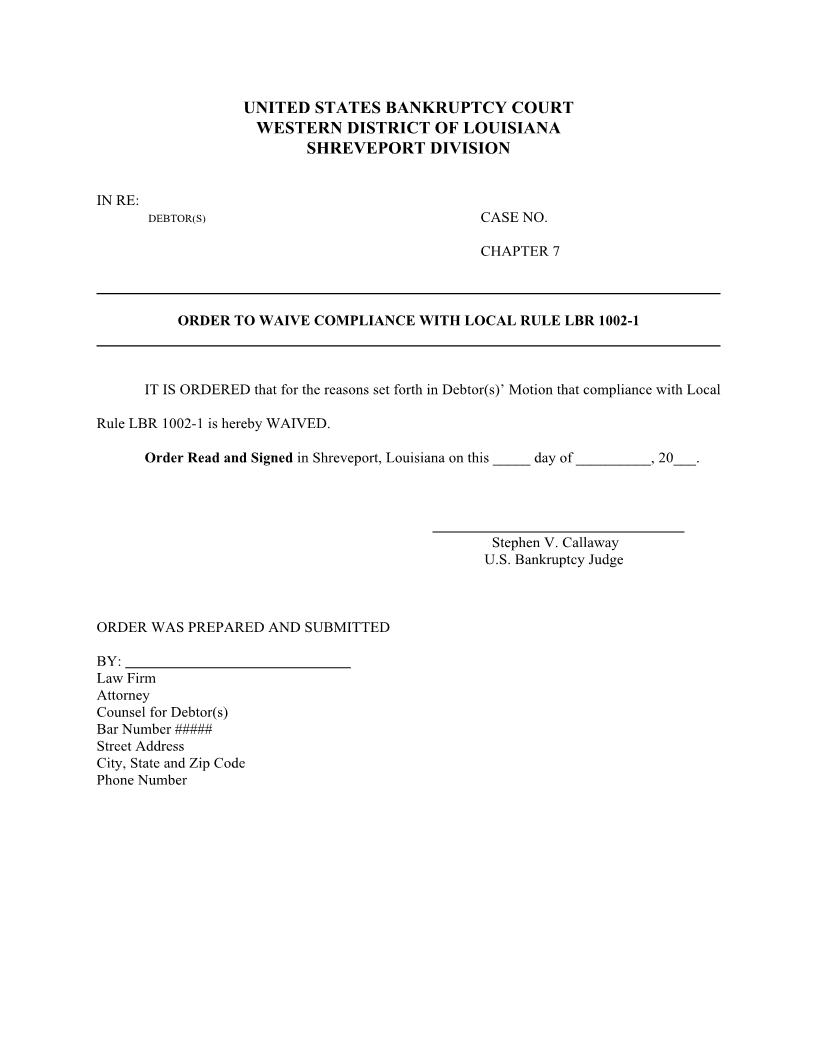Order To Waive Compliance With Local Rule LBR 1002-1 (Paper) {LAWB MWC1002-1(p)} | Pdf Fpdf Docx | Louisiana