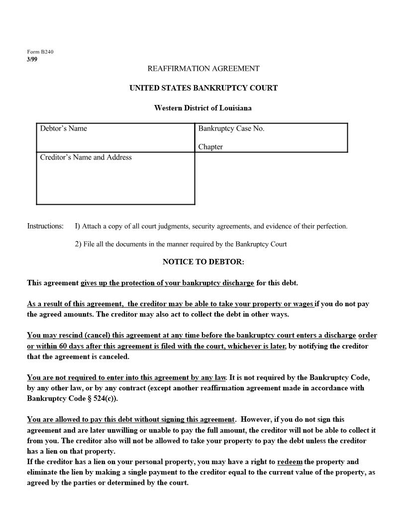 Reaffirmation Agreement {LAWB B240} | Pdf Fpdf Docx | Louisiana