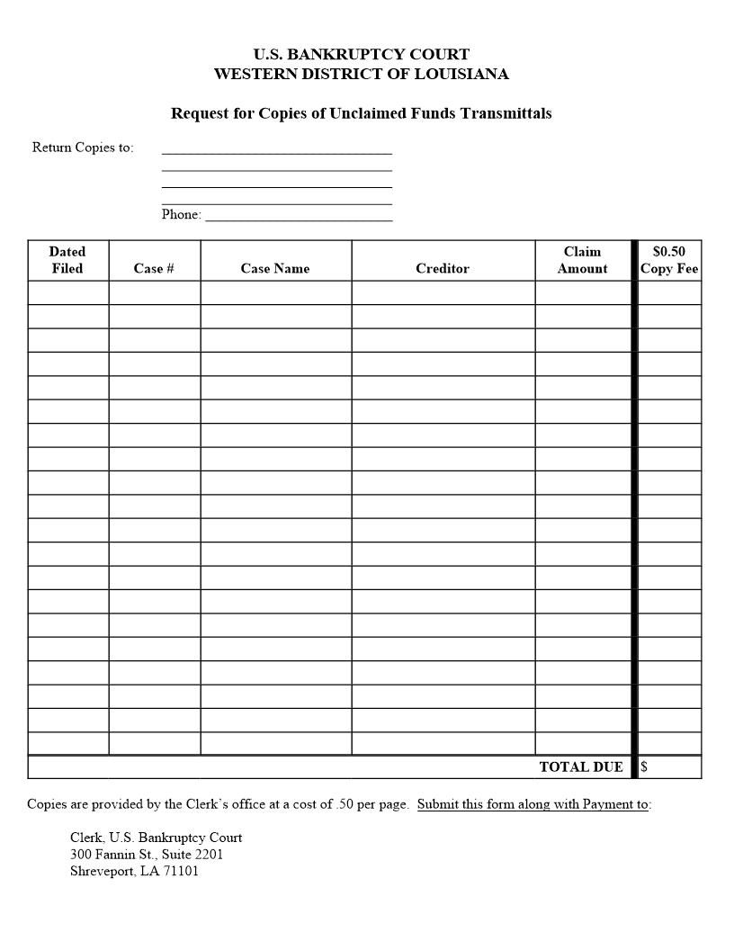 Request For Copies Of Unclaimed Funds Transmittals {LAWB RCUFT} | Pdf Fpdf Docx | Louisiana