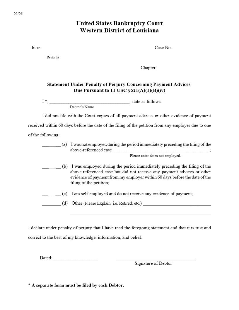 Statement Under Penalty Of Perjury Concerning Payment Advices {LAWB SCPA} | Pdf Fpdf Docx | Louisiana