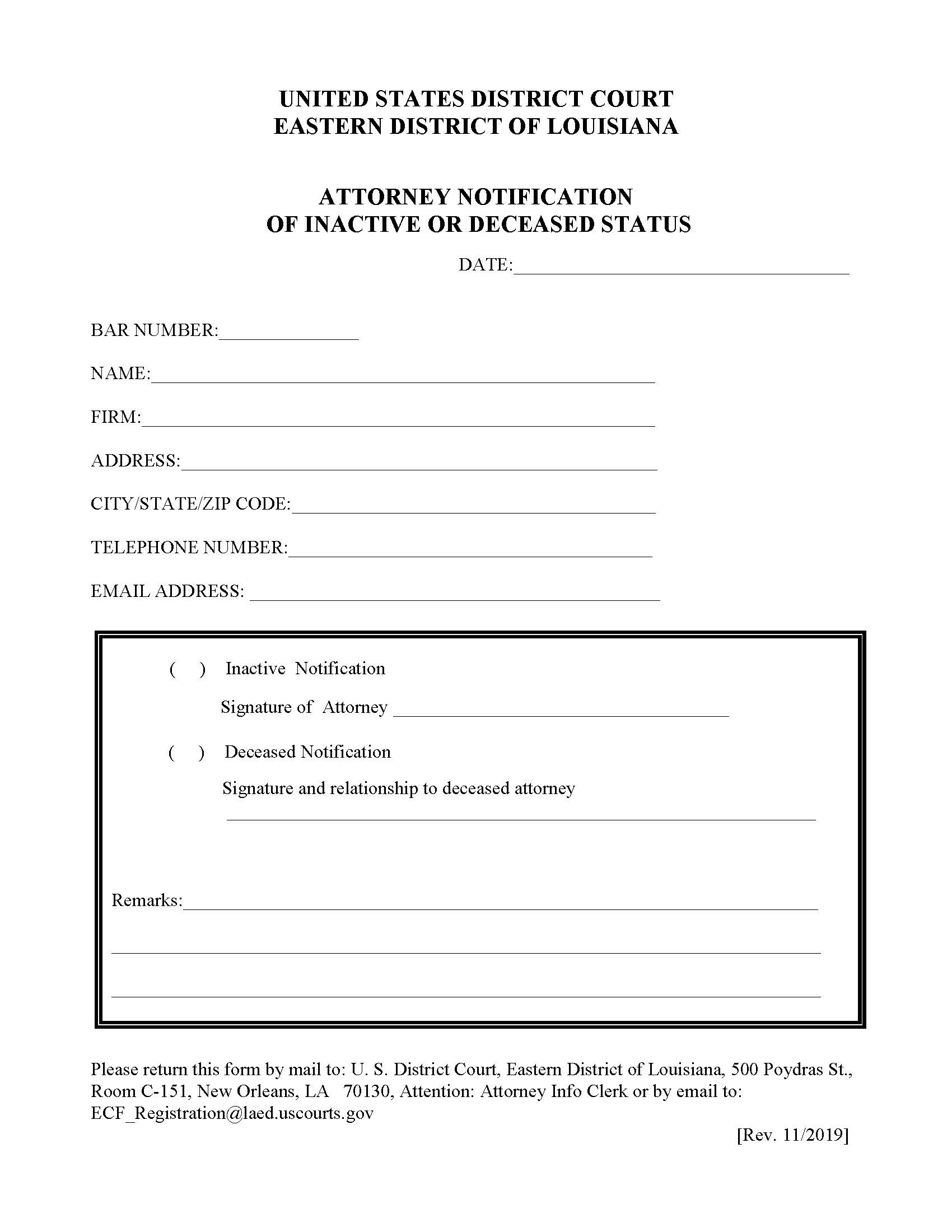 Attorney Notification Of Inactive Or Deceased Status | Pdf Fpdf Doc Docx | Louisiana
