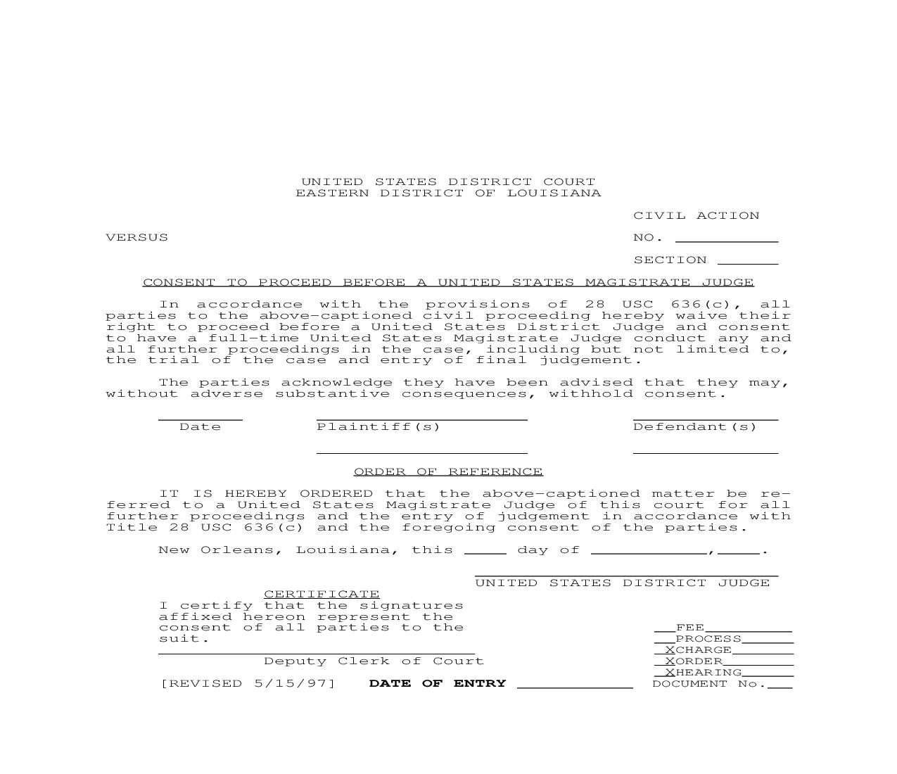 Consent To Proceed Before United States Magistrate Judge | Pdf Fpdf Doc Docx | Louisiana