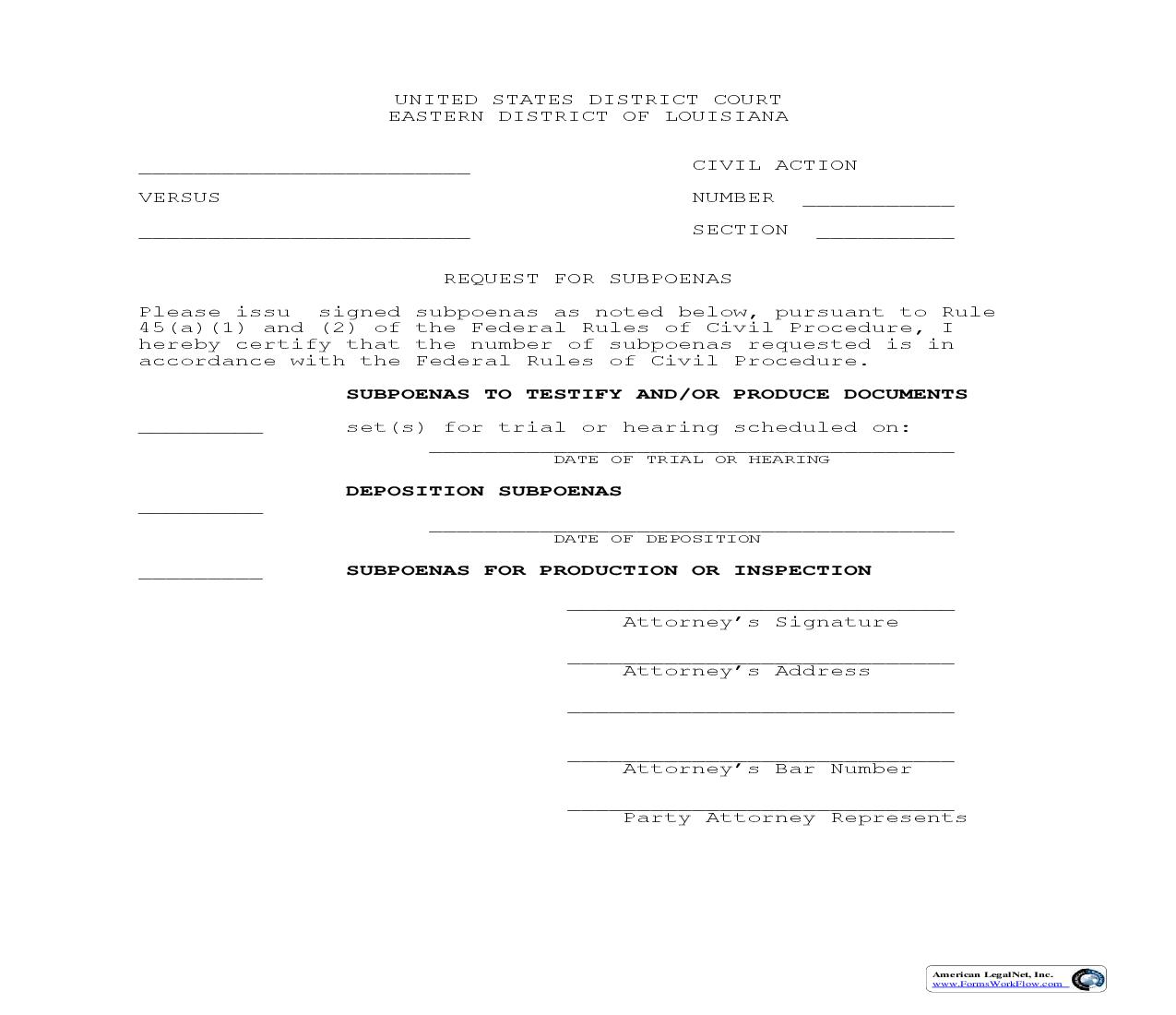 Request For Subpoenas (Civil Action) | Pdf Fpdf Doc Docx | Louisiana