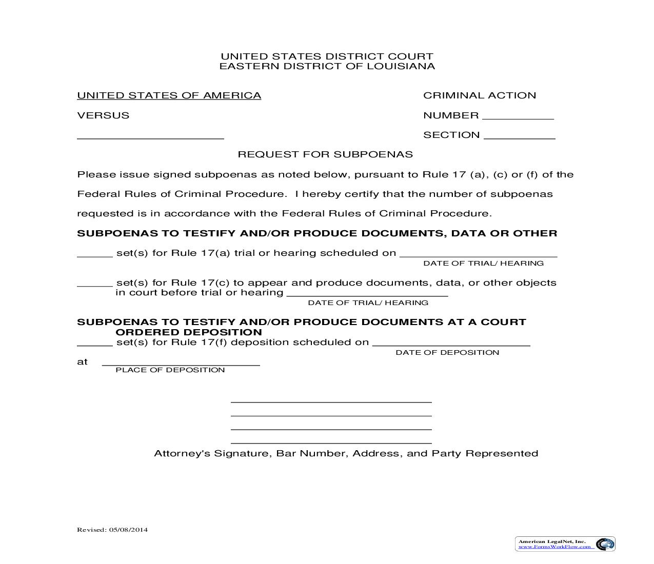 Request For Subpoenas (Criminal Action) | Pdf Fpdf Doc Docx | Louisiana