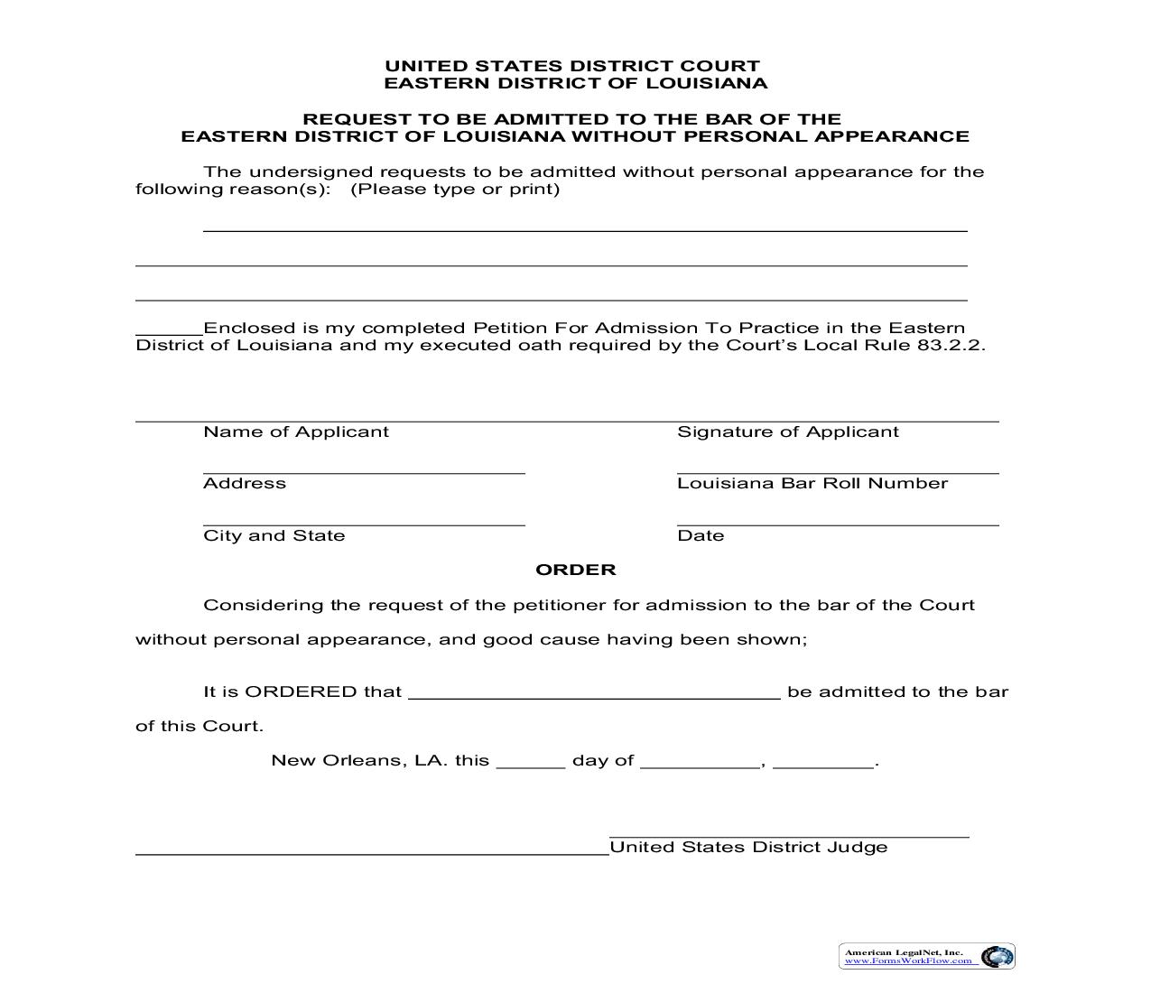 Request To Be Admitted To Bar Without Personal Appearance - And Oath | Pdf Fpdf Doc Docx | Louisiana