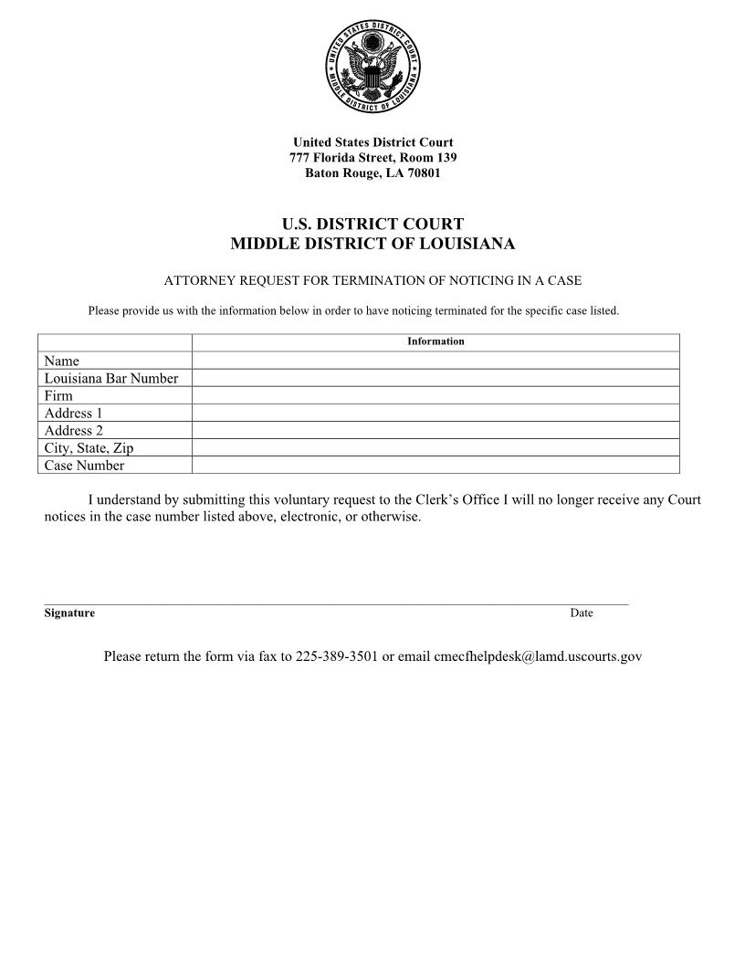 Attorney Request For Termination Of Noticing In A Case | Pdf Fpdf Docx | Louisiana
