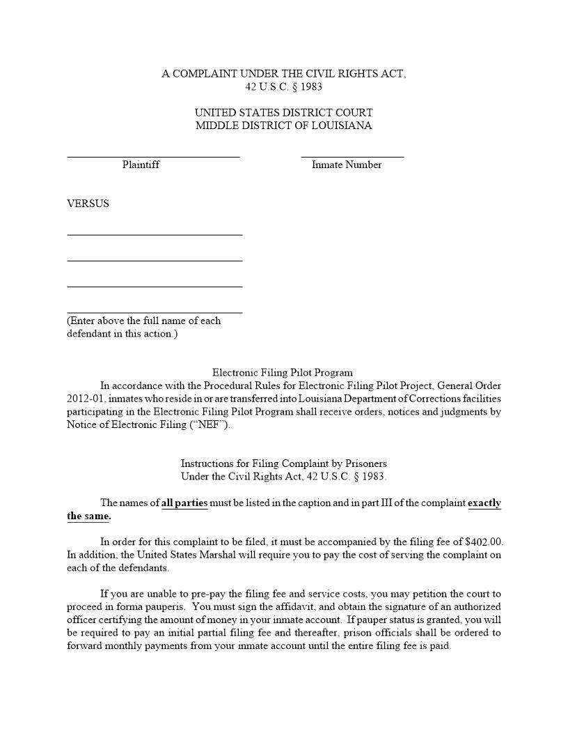 Complaint Under Civil Rights Act (1983 Prisoner Complaint) | Pdf Fpdf Doc Docx | Louisiana
