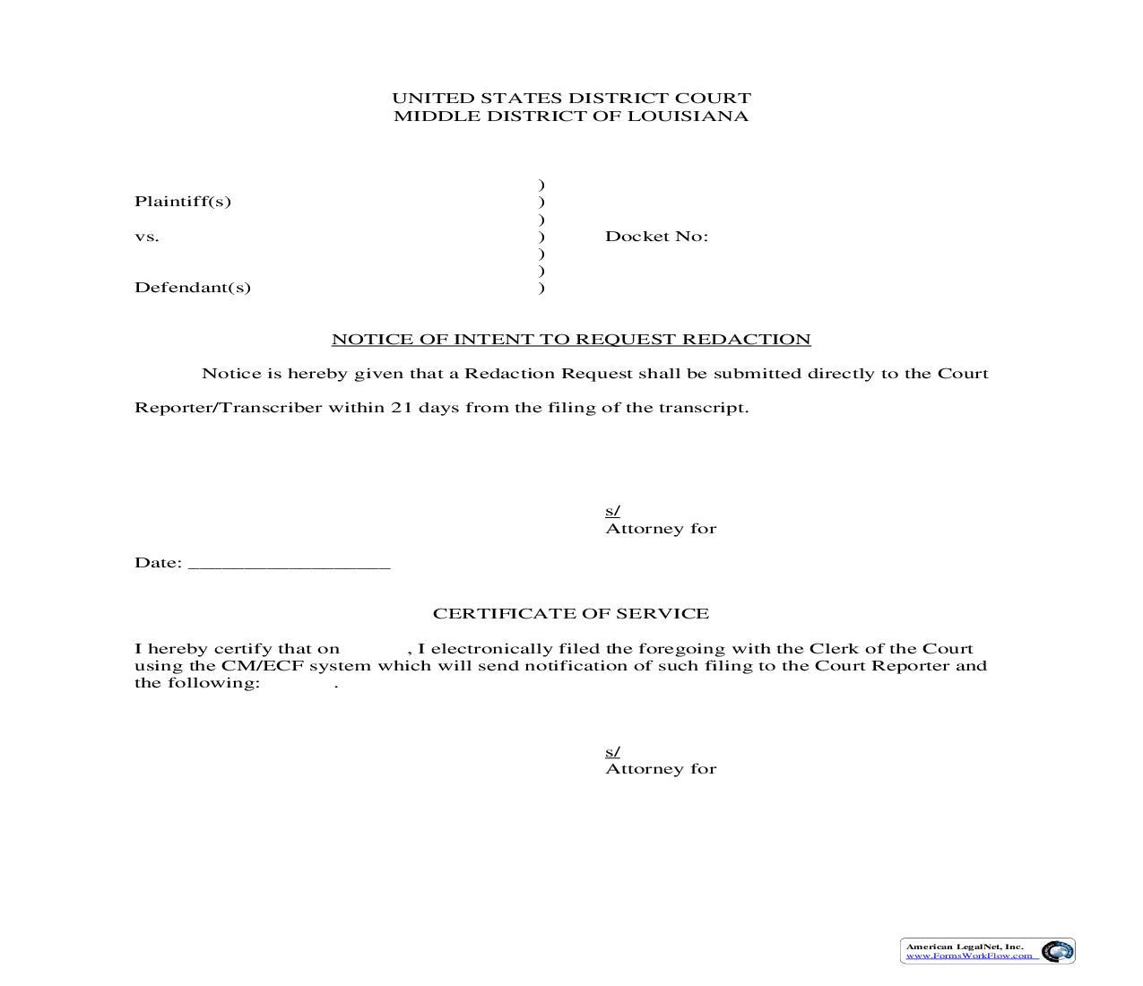 Notice Of Intent To Request Redaction | Pdf Fpdf Doc Docx | Louisiana